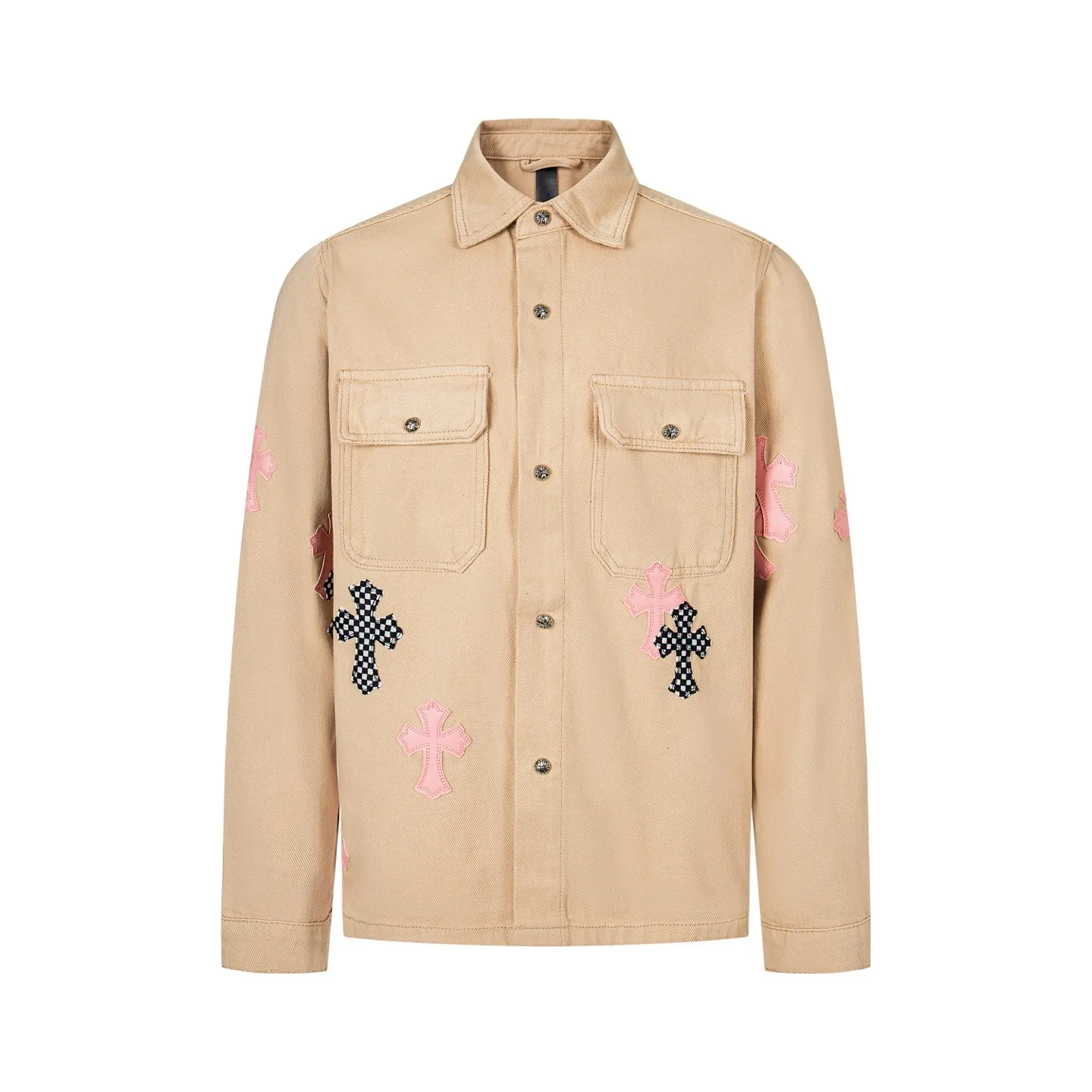 P260 ChromeHearts/Chrome Hearts ch cherry blossom pink checkerboard patchwork leather jacket. If you are obsessed with ChromeHearts, you can check it out. The same style for celebrities. Chrome Hearts is a very representative shirt jacket. The upper body of both men and women is really amazing, and it is the same style as Yu Shuxin and Angelababy! Recommended loose style for girls, super sweet! As soon as you go out, you will turn heads‼ ️This jacket is really eye-catching. Style number: 1717# (same style pants are available) Color: Khaki Size: S M L XL